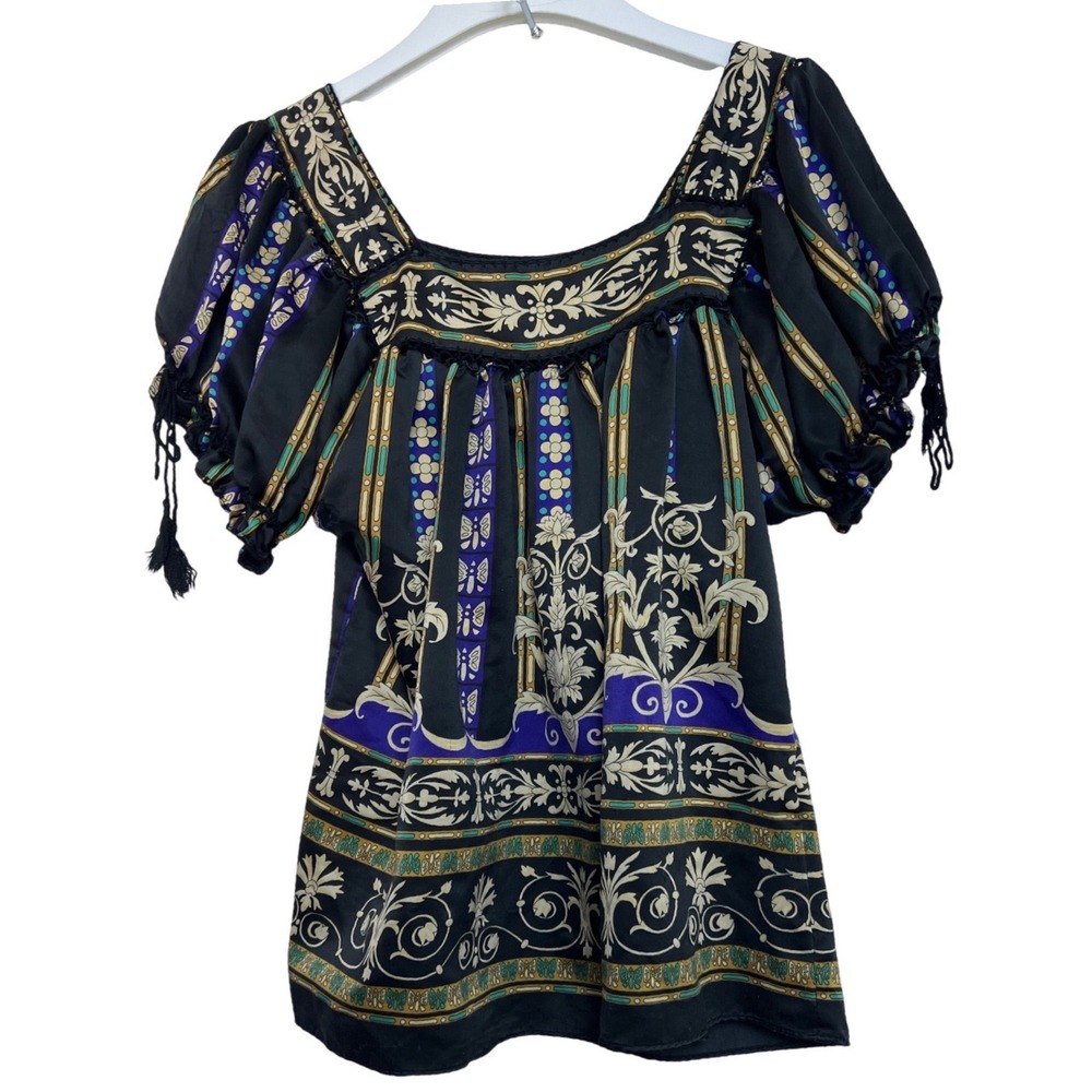 eci NEW YORK Womens Black Floral Print Square Neck Puff‎ Sleeve Tassel BLOUSE6